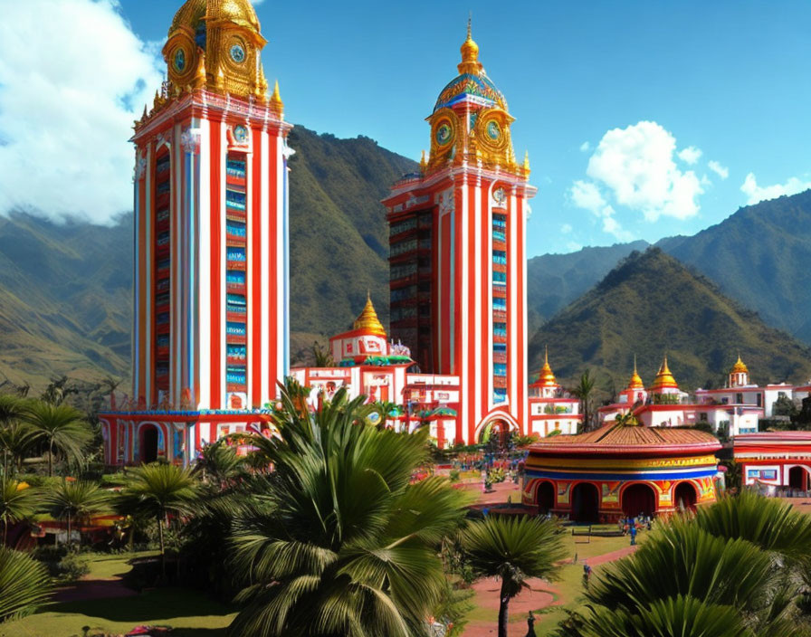 Colorful Townscape with Red and Gold Towers on Green Hills