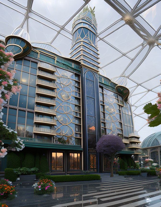 Glass Façade, Ornate Designs, Lush Garden: Futuristic High-rise Building