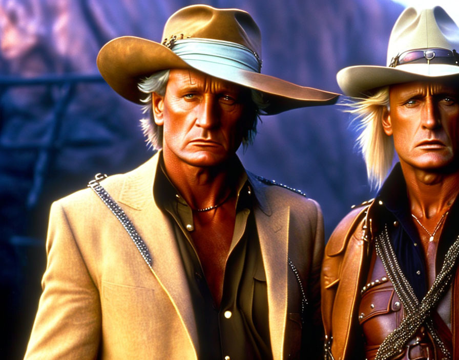 Cowboy-hatted men in tan jackets with serious expressions.