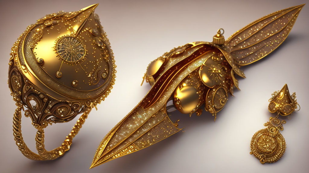 Intricate Golden Steampunk Mask and Accessories on Metallic Surface