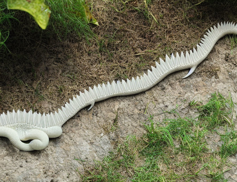 White Snake with Spiky Ridge on Grass and Dirt Ground