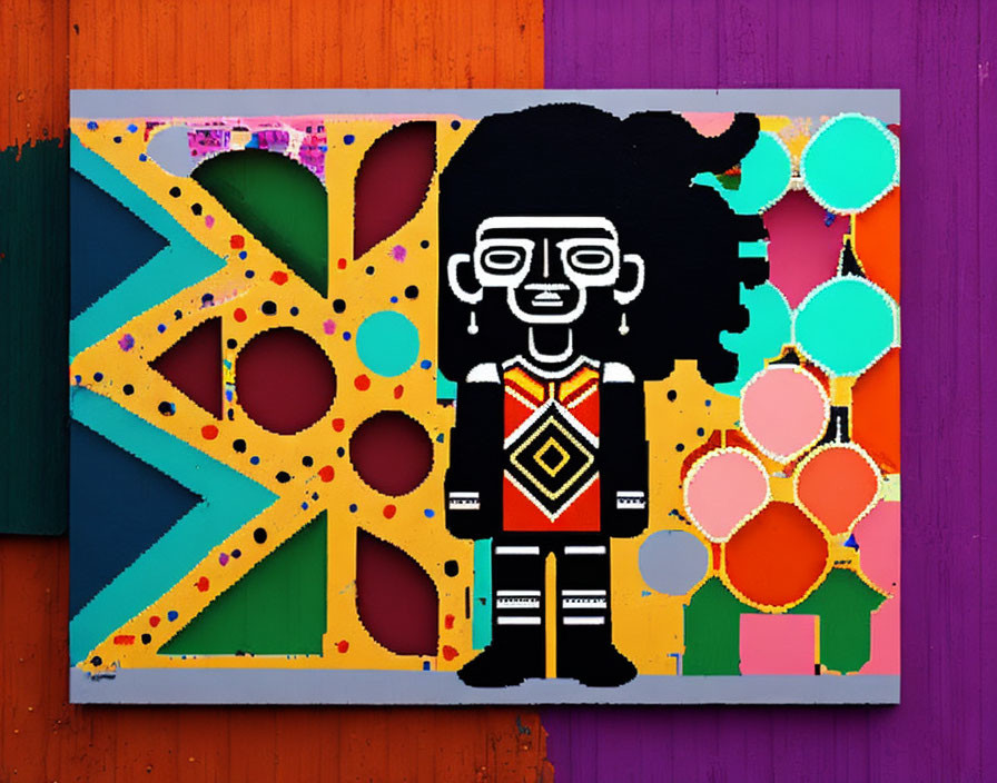 Colorful street art with stylized character and geometric patterns on orange wall