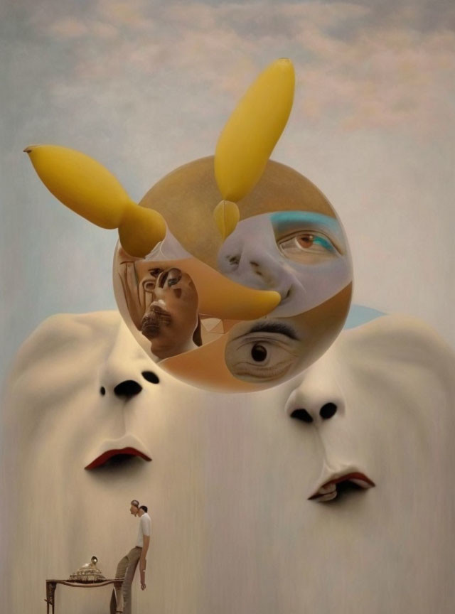Surreal artwork featuring floating golden orb, human figures, and cloudy lips
