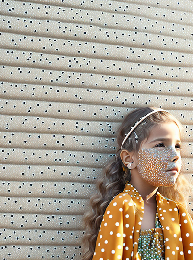 Pensive young girl in polka dot mask and outfit against dotted metal wall