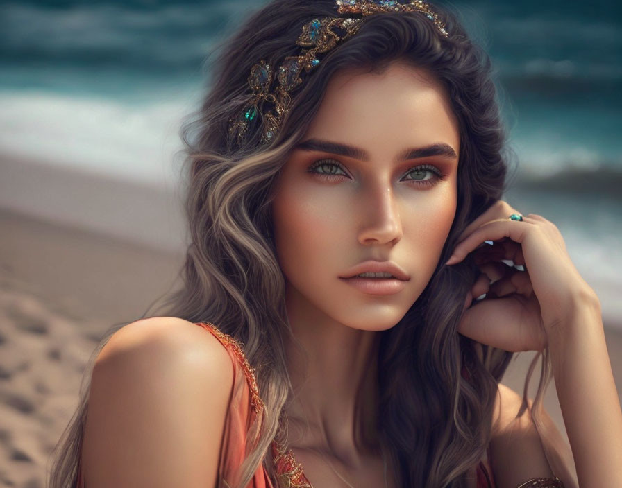 Woman with Wavy Hair and Gem-Encrusted Headpiece by Seashore