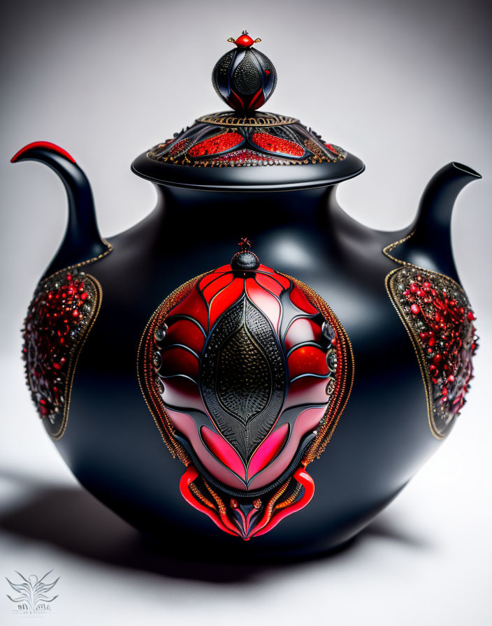 Glossy Black Teapot with Red and Gold Patterns and Red Crystals