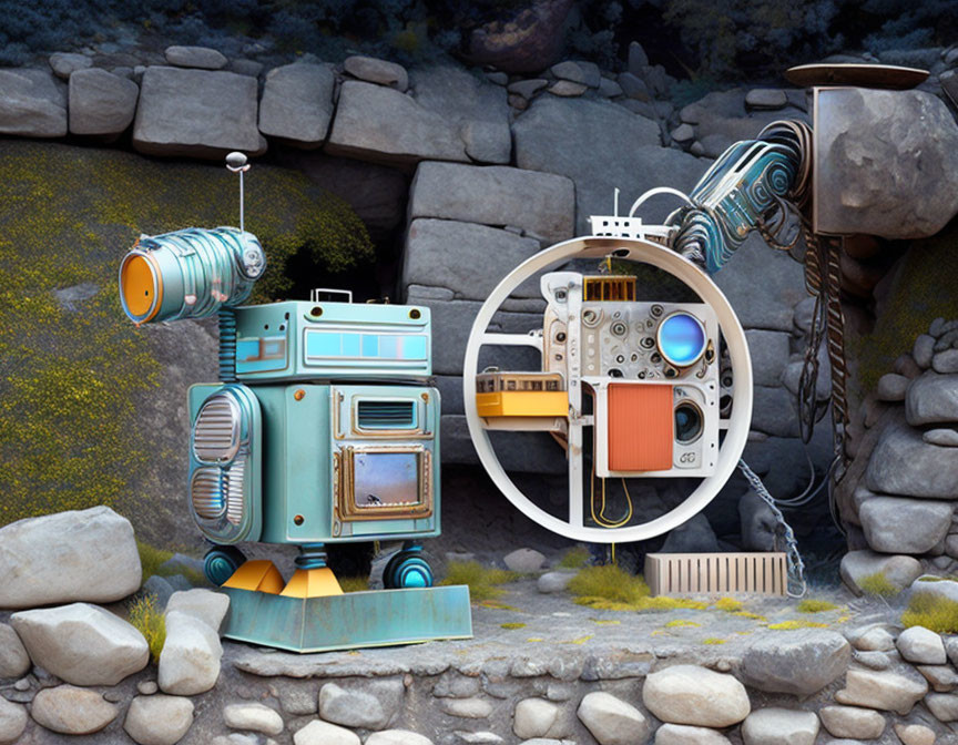Whimsical robot with magnified mechanical parts on rocky backdrop