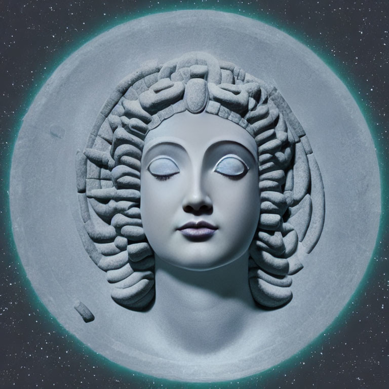 Intricate headdress sculpture of female face under starry night sky