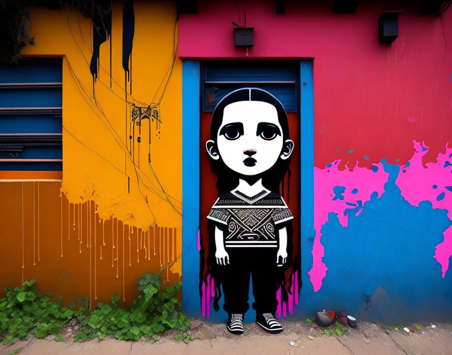 Vibrant urban wall mural with stylized figure on colorful background