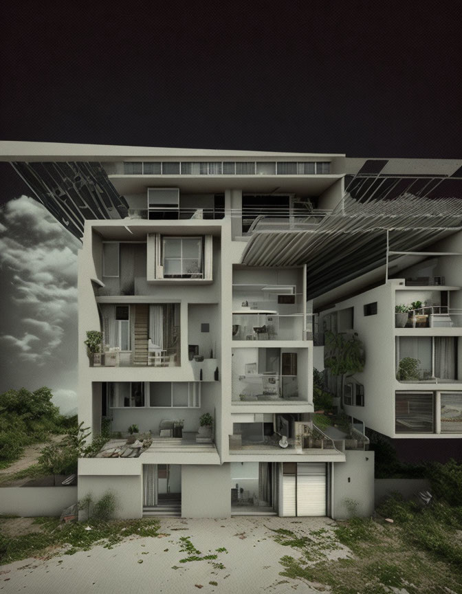 Cross-Section of Modern Apartment Building with Interior Layouts, Furniture, Solar Panels, and Stormy