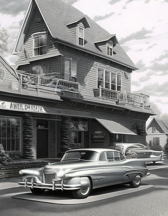 Vintage car outside two-story building with barber shop and balcony on sunny day