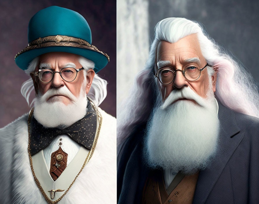 Dual Portrait: Man in Teal Top Hat and Elderly Man with White Beard