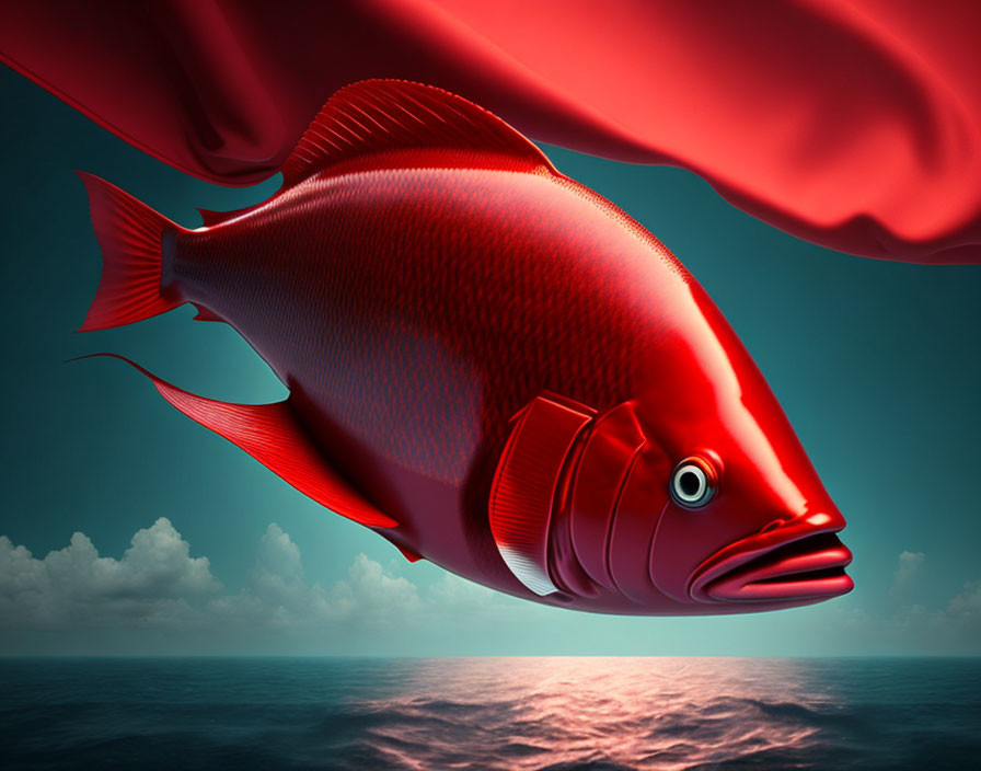 Detailed red fish swimming in vibrant sky and ocean scene