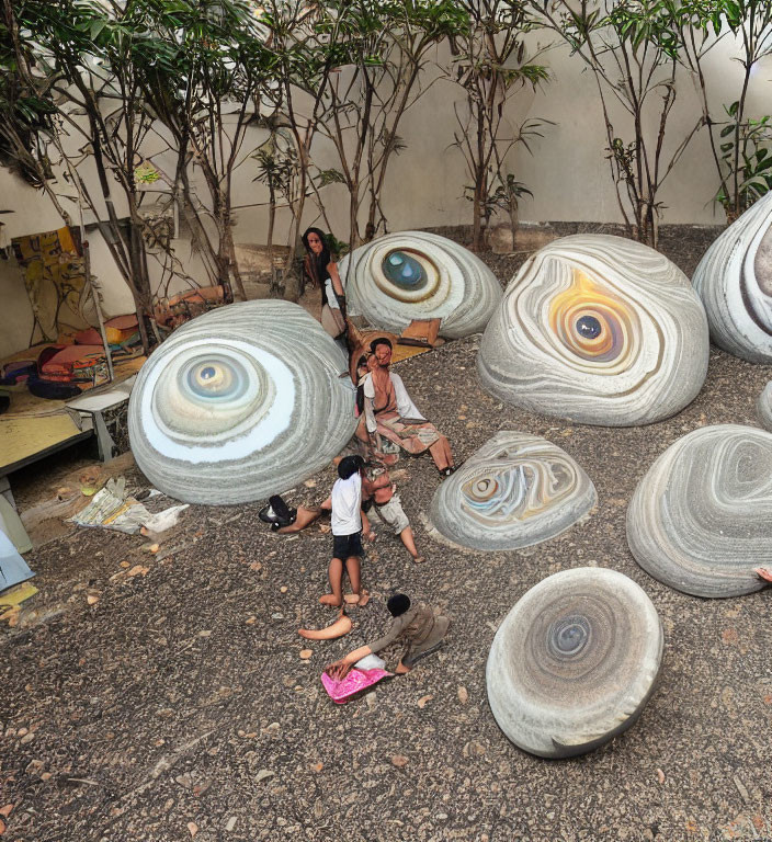 Group of people surrounded by eye-shaped art installations in urban outdoor setting