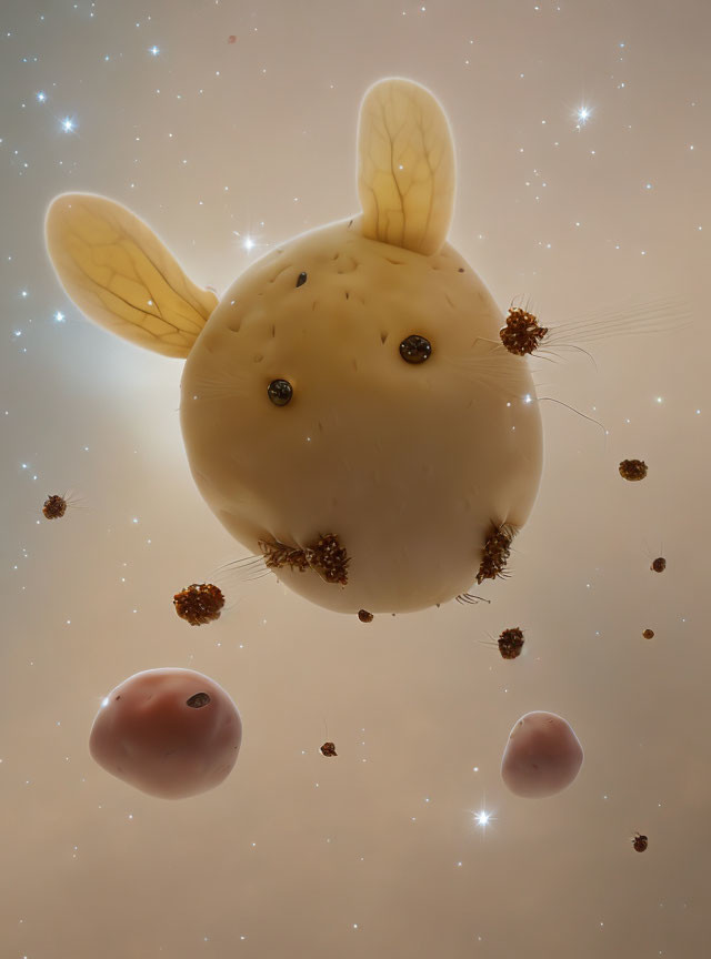 Illustration: Rotund rabbit-like creature in space with stars and spherical objects