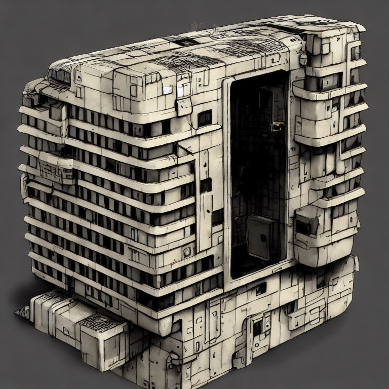 Detailed 3D model: Futuristic cube-shaped building with open doorway, intricate textures, and industrial