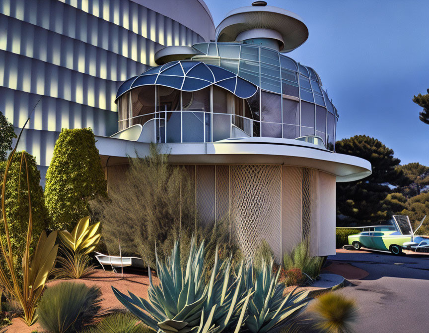 Curved lines and reflective surfaces in modernist architecture with vintage car and tropical landscaping.