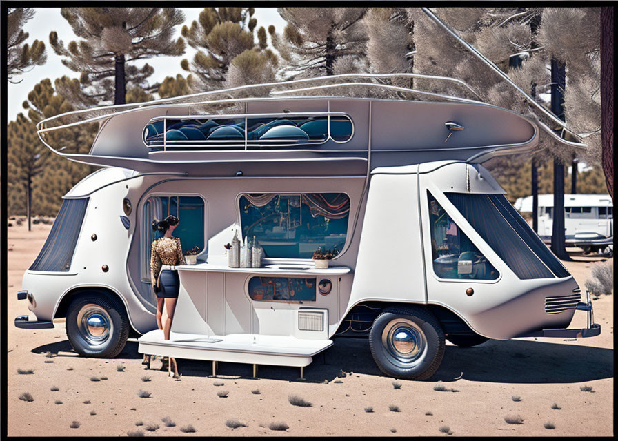 Retro-Futuristic Camper Van with Surfboards in Desert