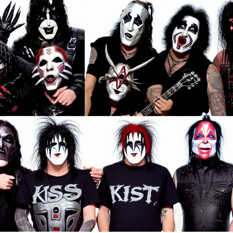 Four individuals in KISS-inspired face paint posing with instruments and band logo T-shirts