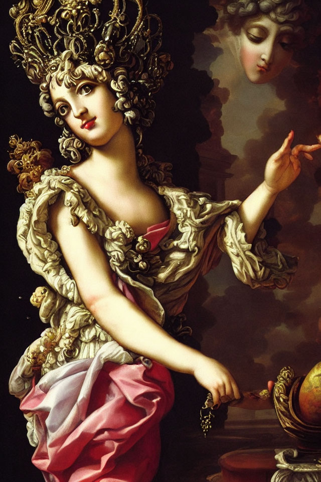 Classical painting of woman with elaborate hairstyle and gown gesturing near globe