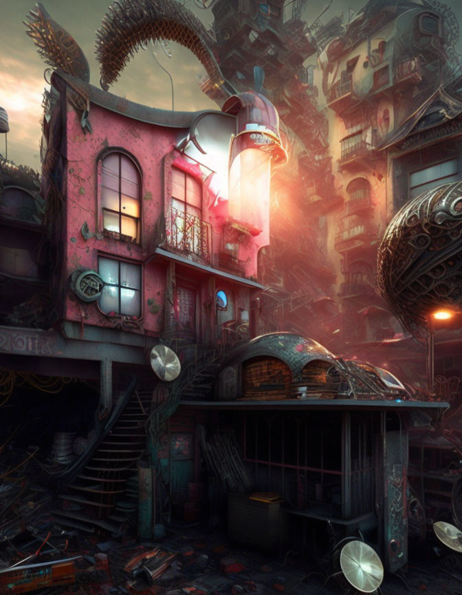 Pink vintage building in futuristic urban scene with metallic orbs and hazy sky