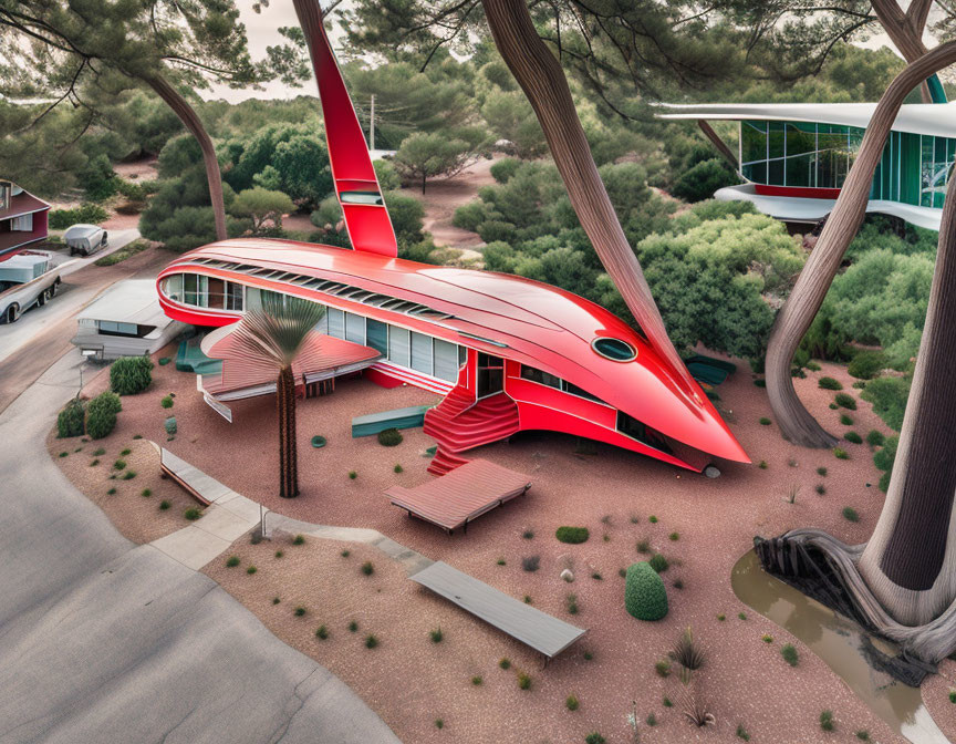Futuristic Red Airplane-Shaped House Surrounded by Trees