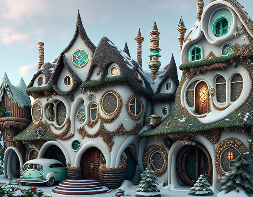 Snow-covered fantasy village with mushroom-shaped houses and vintage car