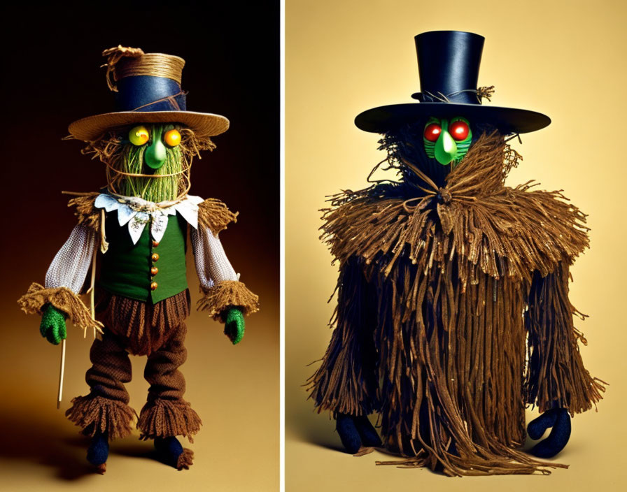 Stylized scarecrow figures with glowing green eyes on tan background