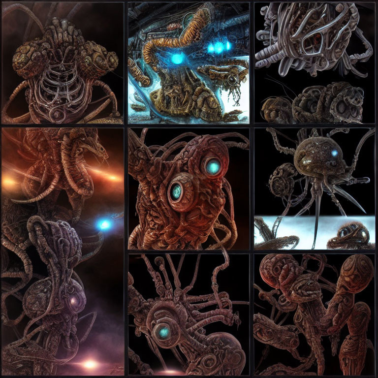 Dark Fantasy Biomechanical Creatures Collage: Tentacles, Glowing Eyes, Intricate Text