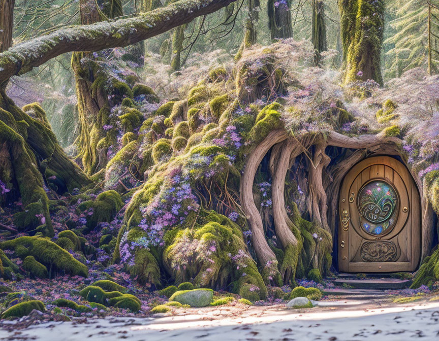 Enchanting forest scene with ornate wooden door in moss-covered tree roots