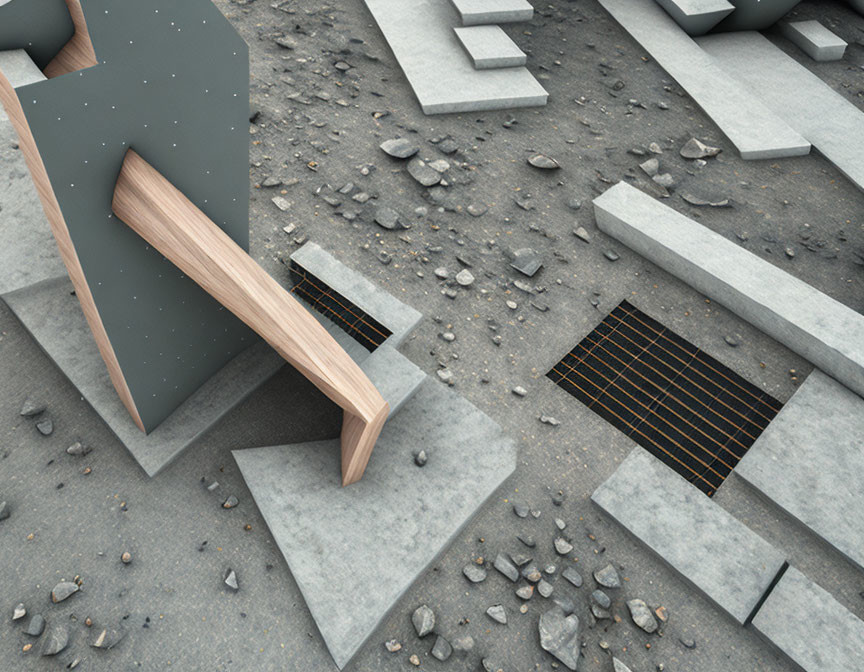 Geometric Shapes with Wooden Plank, Marble Textures, and Gravel