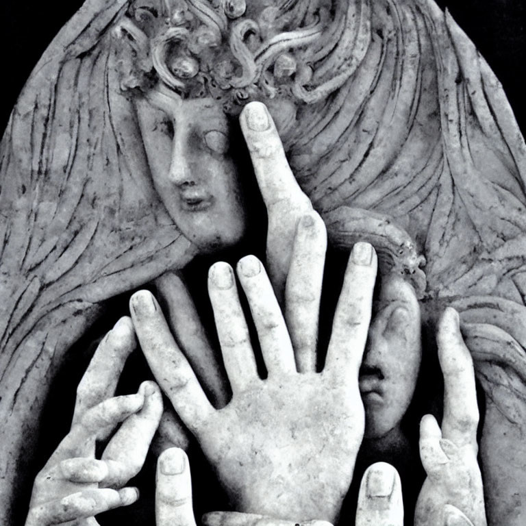 Monochrome sculpture photo: serene face with flowing hair, hand obscuring.