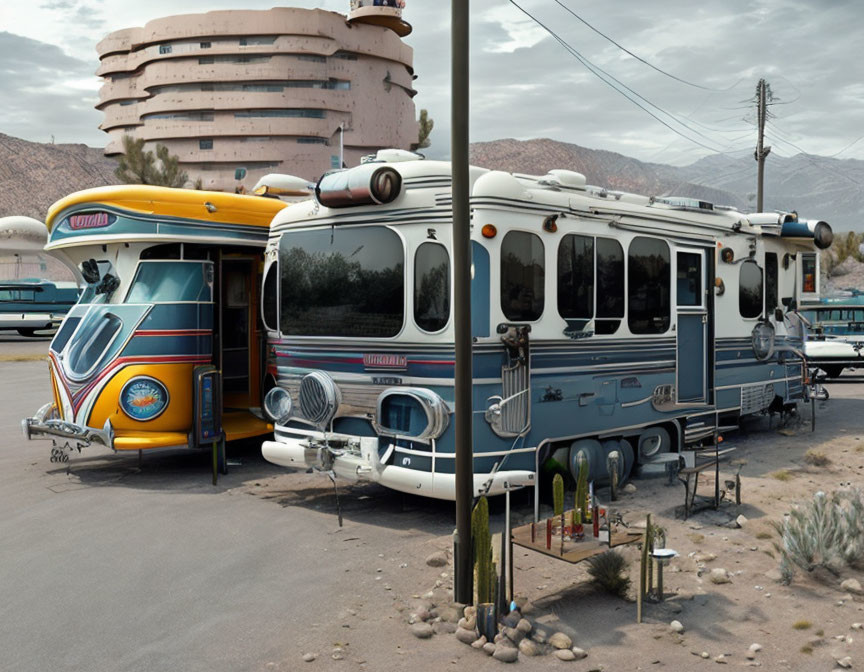 Vintage Motorhomes with Unique Paint Jobs in Desert Setting with Round Building
