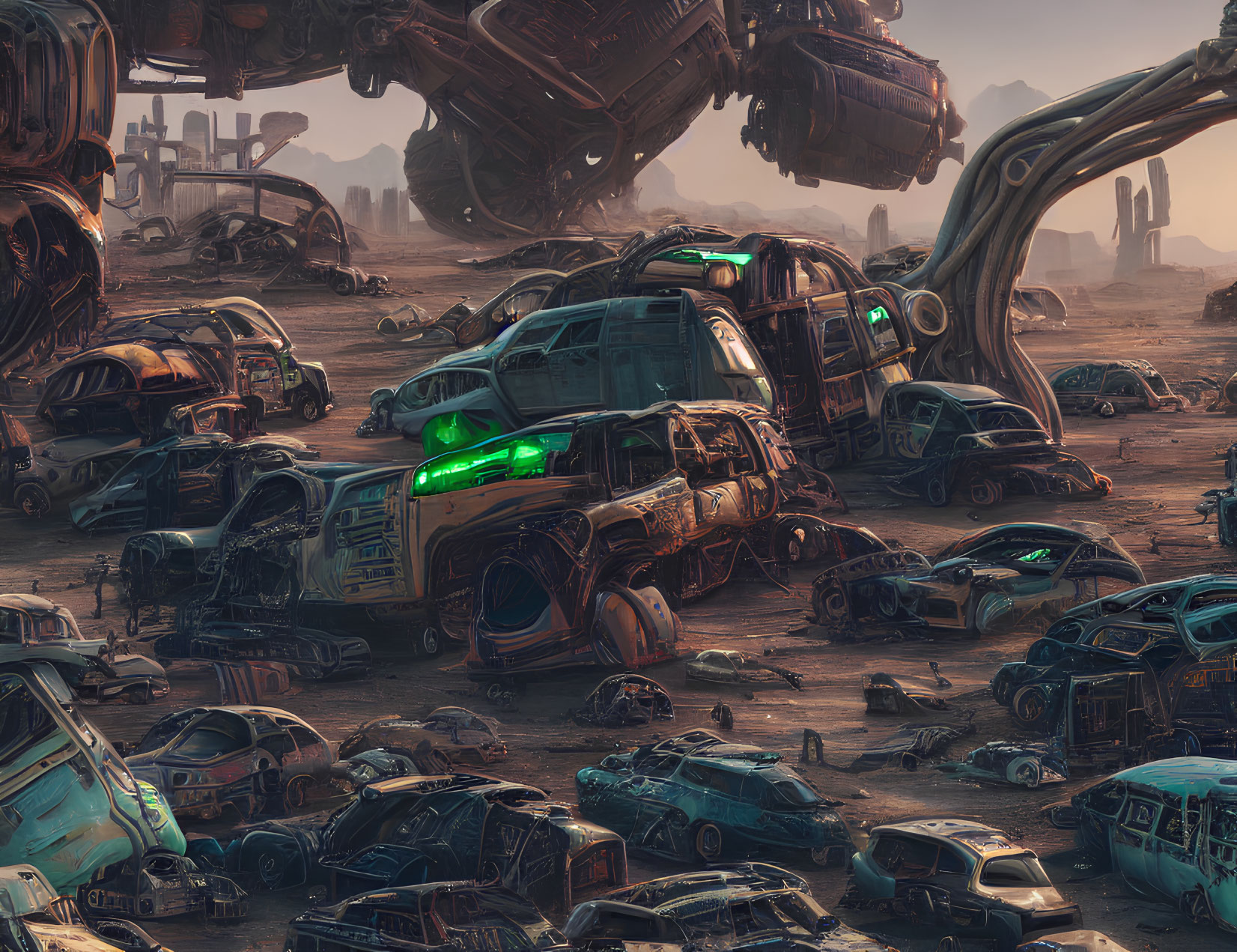 Dystopian scrapyard with derelict vehicles and towering robotic structures