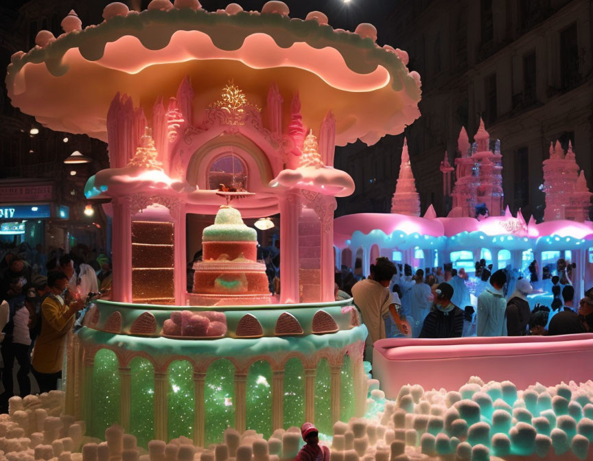 Colorful night scene with whimsical candy-themed installation