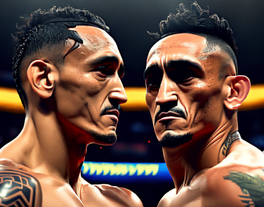 Identical animated male characters with mohawk haircuts and facial tattoos face off in a boxing ring