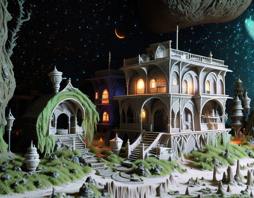Detailed Miniature Fantasy Mansion Surrounded by Greenery Under Starry Night Sky
