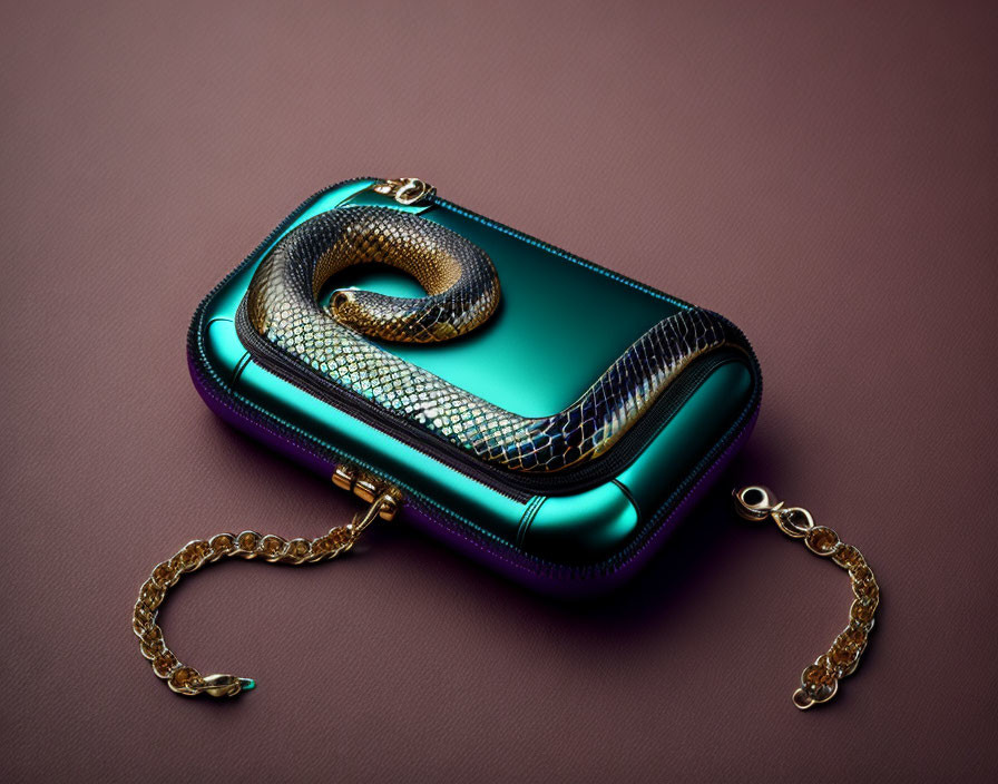 Teal Snakeskin Purse with Gold Chain on Textured Brown Background