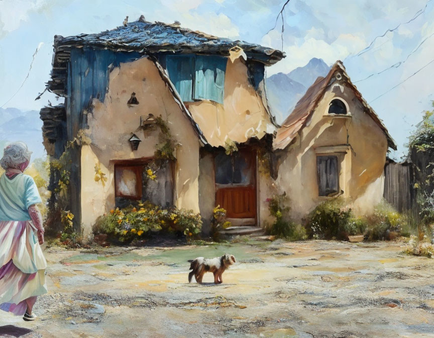 Elderly woman walking past dilapidated houses with small dog in rustic setting