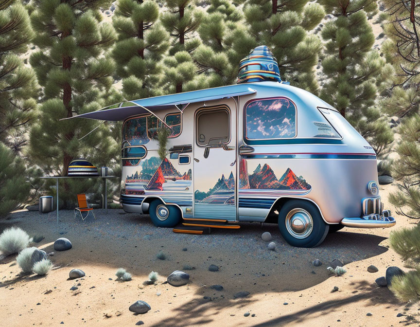 Retro-futuristic camper van with robot design in forest setting