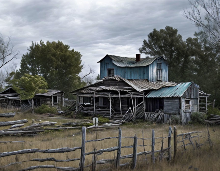 Weathered blue paint on old, damaged wooden house with overgrown vegetation