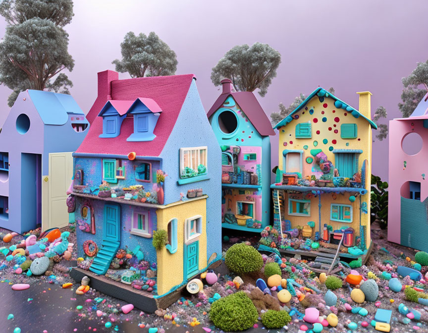 Colorful Miniature Candy Houses in Pastel Landscape