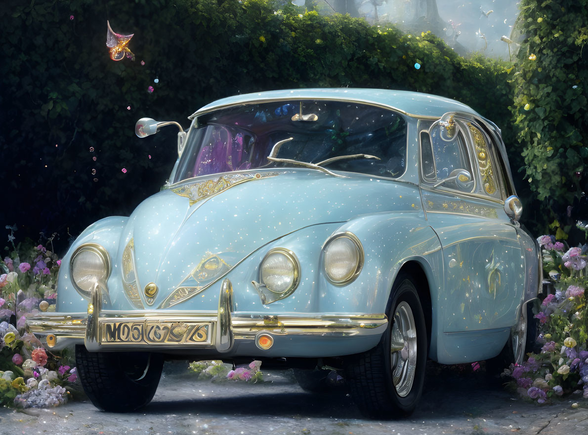 Vintage light blue classic car with golden designs parked among blooming flowers and fluttering butterflies