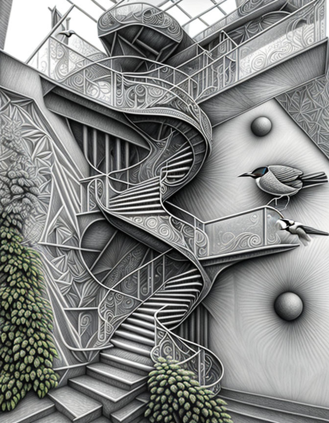Abstract art, stairs, birds, Mc escher style