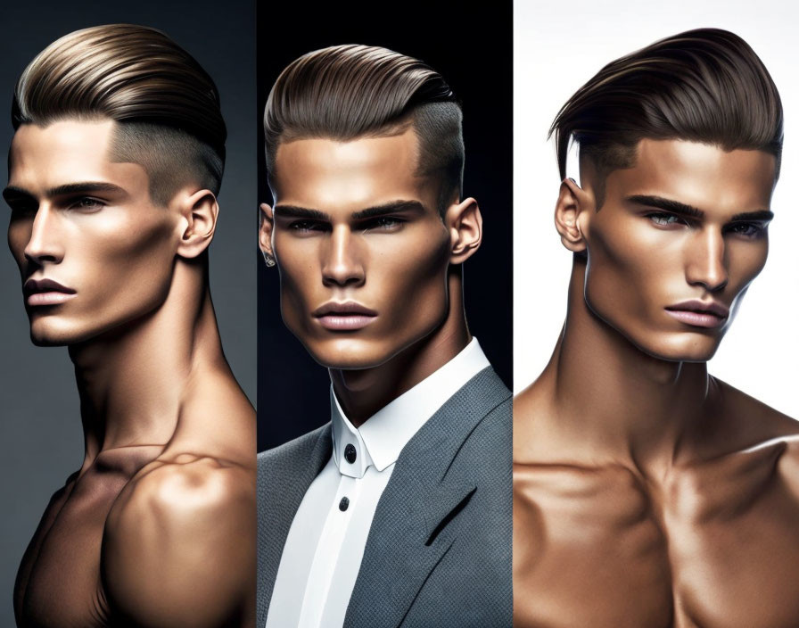 Male model with slicked back hair: 3 modern hairstyle poses