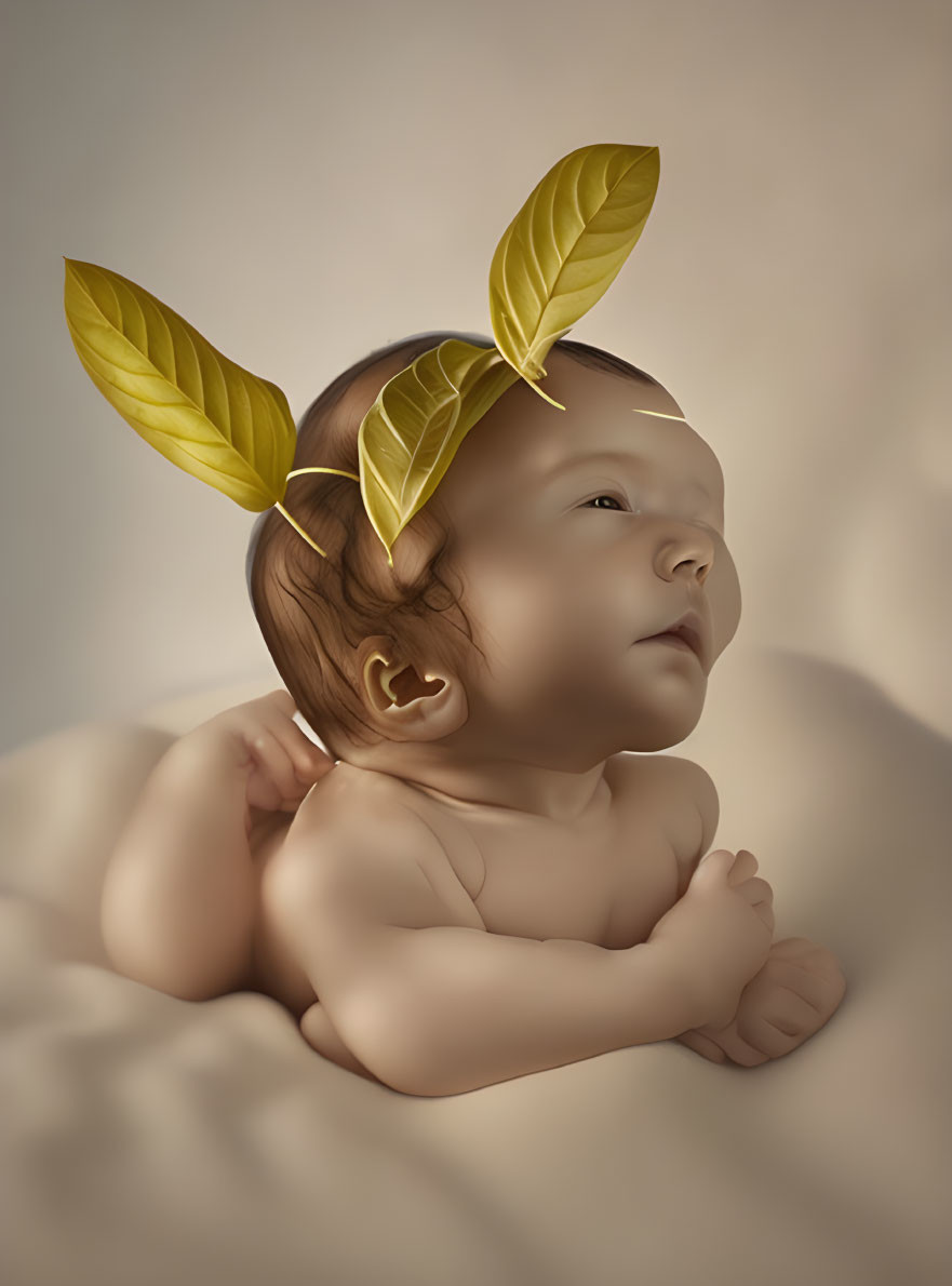 Baby with Golden Leaf-like Wings Resting on Beige Backdrop