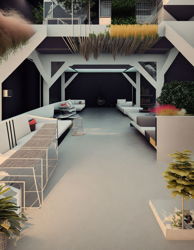 Geometric Design Indoor Space with Living Area, Kitchen, and Potted Plants