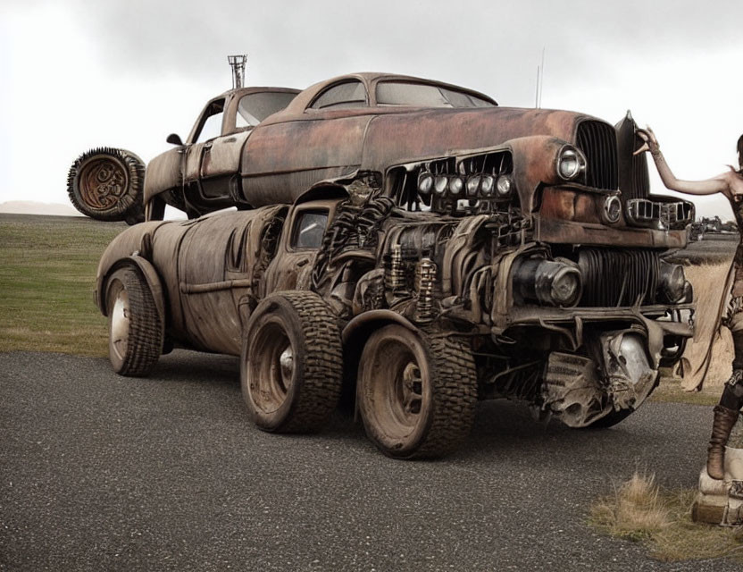 Modified post-apocalyptic vehicle with oversized tires on barren landscape