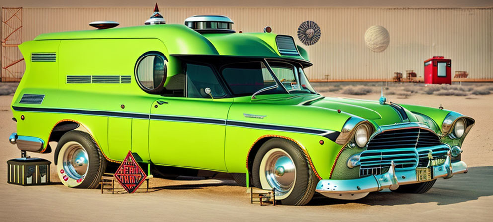 Retro-futuristic green vehicle in desert with hot air balloons