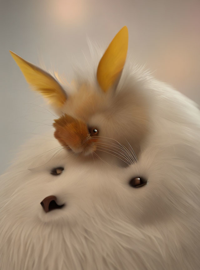 Fluffy white creature with cat's nose and rabbit ears.